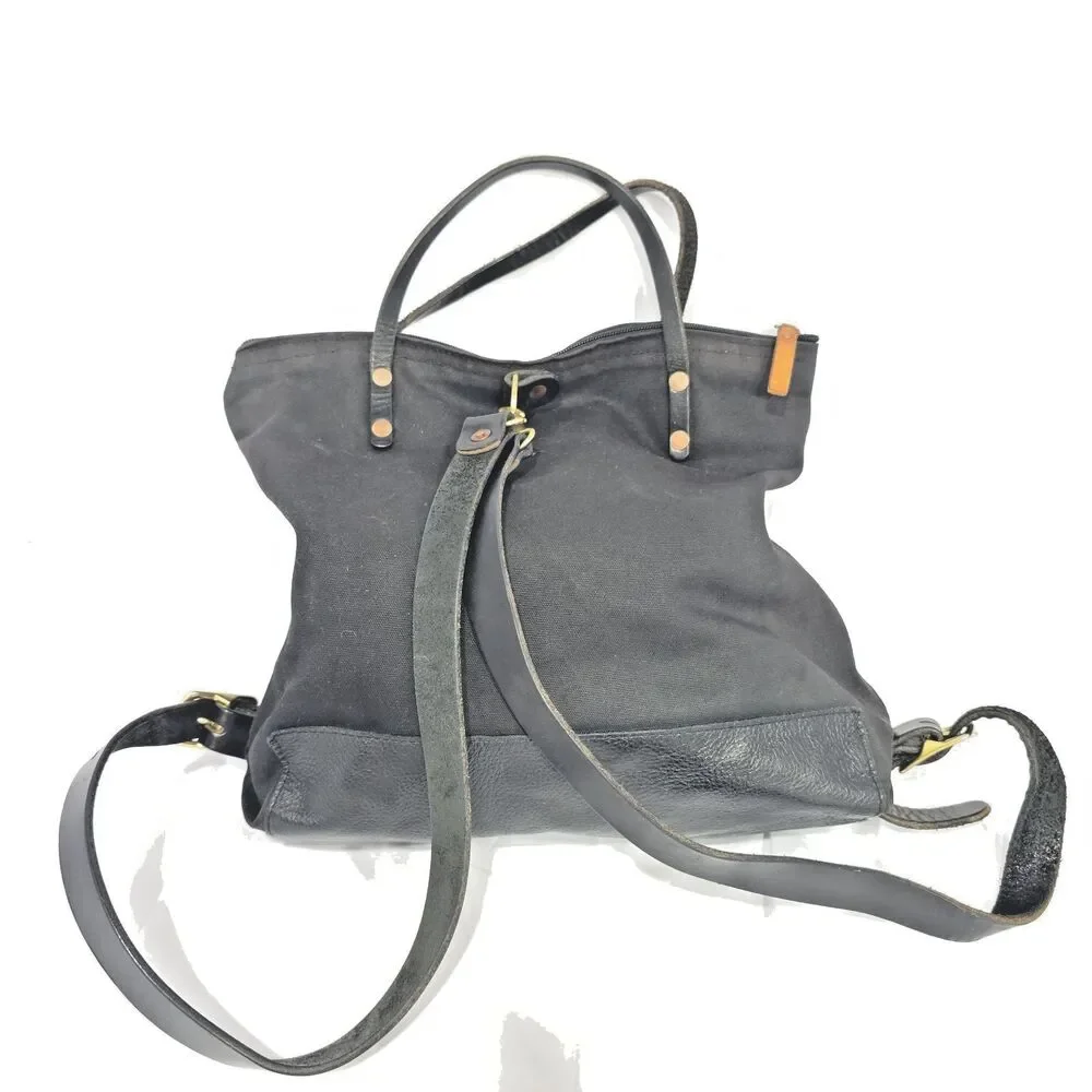 Meanwhile Back On the Farm Black Canvas Leather Convertible Backpack Distressed